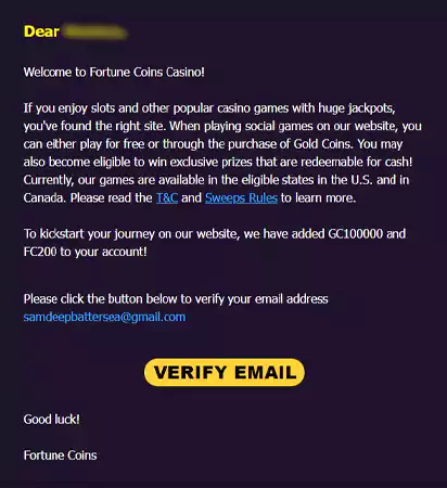 Fortune Coins Account Confirmation1