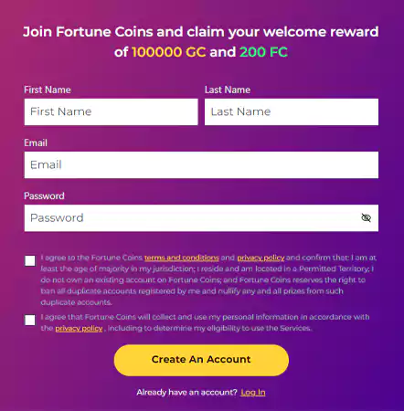 Fortune Coins Sign Up Window