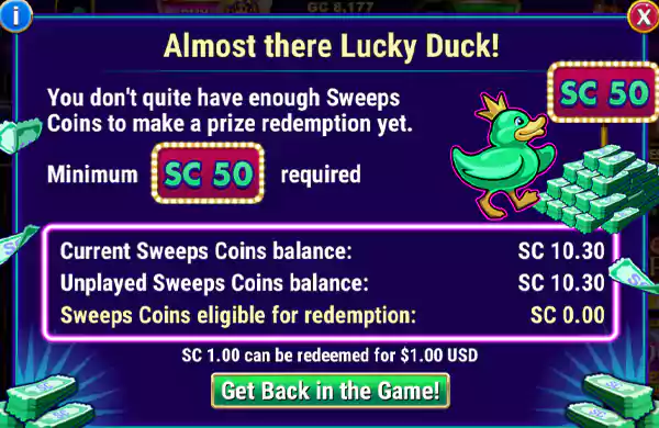 Coins available to redeem on LuckyLand