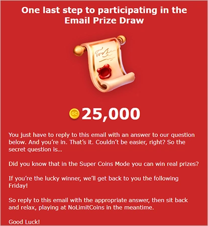 NoLimitCoins Email Prize Draw