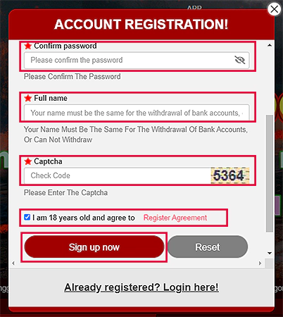 Confirm password, enter full name, captcha agree to register agreement, and click Sign up now