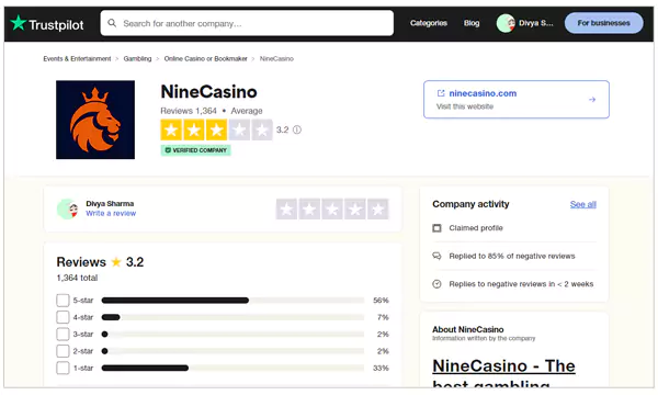Trustpilot rating NineCasino